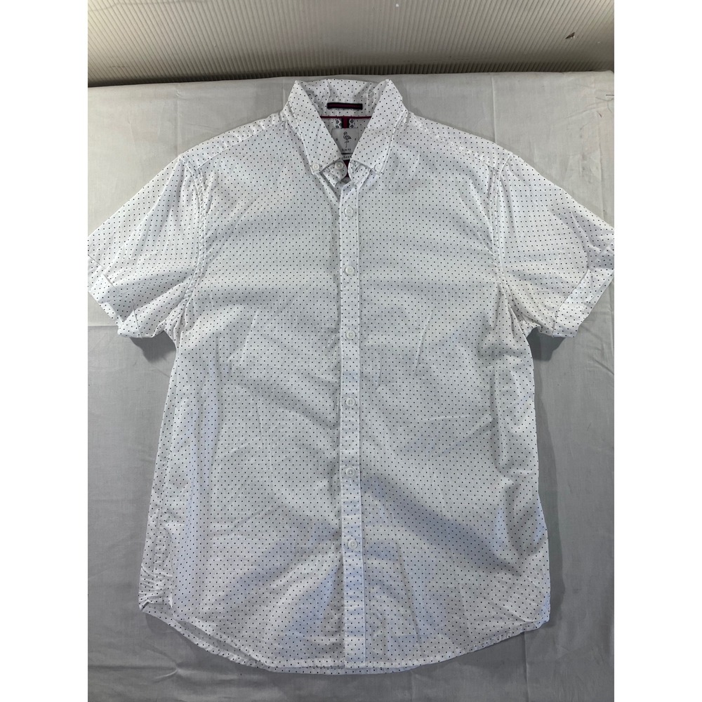Denim Flower Men's White Polka Dot Slim Fit Short Sleeve Button Down Shirt Sz 40
